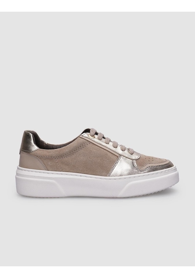 %100 Hakiki Deri Bej Bağcıklı Kadın Sneaker Bej