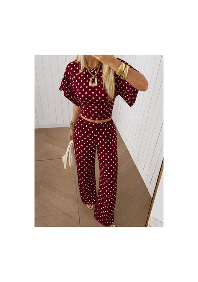 Wild Flower Kadın Puantiyeli İkili Takım Crop Bluz Bol Paça Pantolon Bordo