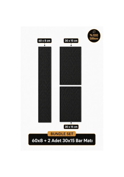 Siliconly 3 Lü %100 Silikon Bar Matı Seti 60x8 Cm + 2 Adet 30x15 Cm Kaydırmaz Mat