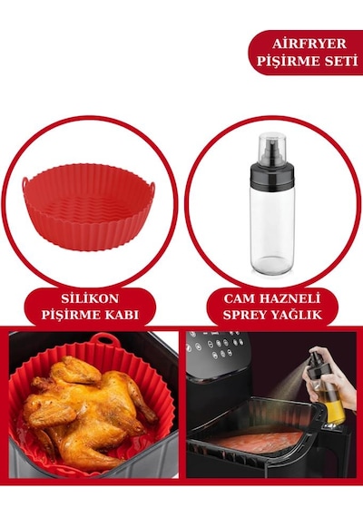 Onikiden Silicolife Airfryer Silikon Pişirme Kabı ve Sprey Cam Yağlık 245cc - Tüm Hava Fritözleriyle Uyumlu