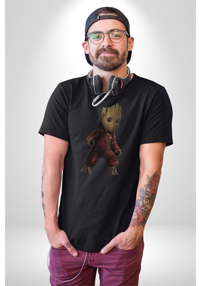 Bebek Groot Guardians Galaxy Unisex Unisex Siyah Organik Baskılı T-shirt Penye Yüksek Kalite Siyah