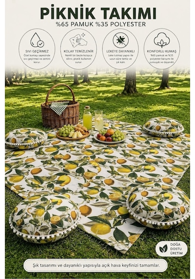 Piknik Seti Piknik Örtüsü Limon Desenli 4 Minderli Takım Su Sıvı Geçirmez Leke Tutmaz Çok Renkli