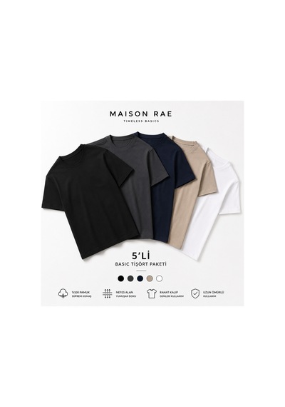Masion Rae Erkek 5'li Basic Regular Fit Tişört Seti %100 Pamuk Bisiklet Yaka Siyah-beyaz-bej-antrasit-lacivert