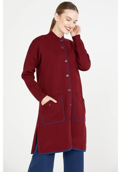 Dik Yaka Cepli Uzun Triko Ceket - Bordo 001