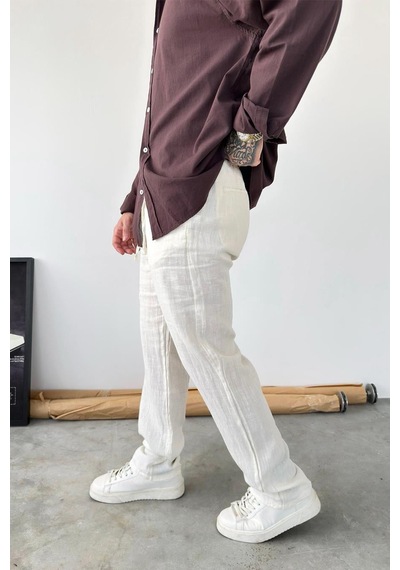 Bej Basic Baggy Keten Pantolon