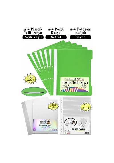 Telli Dosya Plastik A4 10 Lu Poşet Dosya 50 Li A4 Fotokopi Kağıdı 100 Adet 1 Paket Ekonomik Kaliteli Şeffaf Kapak Dosya Açık Yeşil