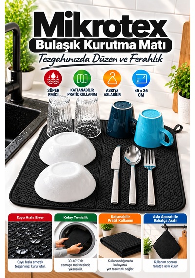 Siyah Bez Mikrotex Bulaşık Kurutma Matı 45x36 Cm Süper Emici Katlanabilir Tezgah Üstü Kurutma Mat