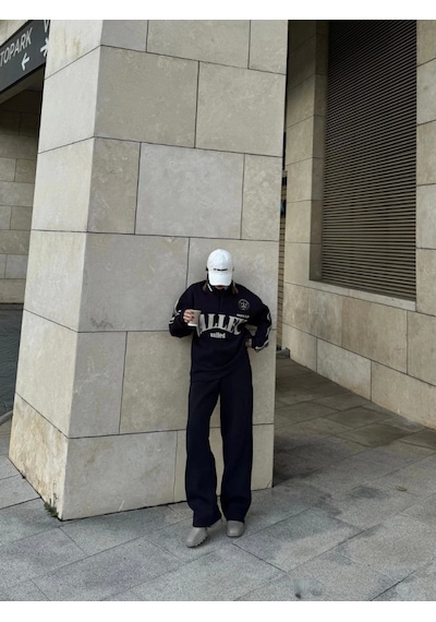 Soonaksesuar Üç İplik Yakalı Sweat Baggy Pantalonlu Takım - Siyah Siyah