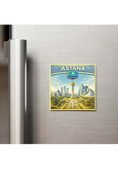 Retro Kazakistan Astana Şehri Temalı Vintage Buzdolap Magneti 9x9 Cm