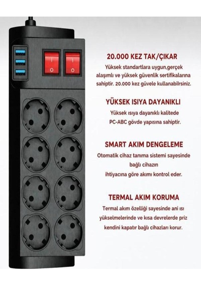 4000w, 16a, Akım Korumalı Priz 8xpriz, 3xusb, 2mt Kablo, Çoklayıcı Diğer