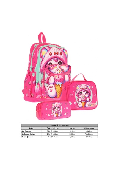 Kaukko Kids Dört Bölmeli Okul Çantası + Beslenme +kalemlik Seti Dondurma Yiyen Kedi - Kız Çocuk - Pembe Pembe