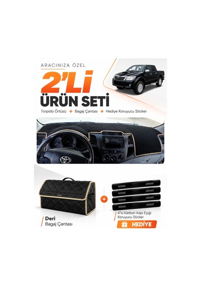 Toyota Hilux 2005-2014 Uyumlu Torpido Örtüsü + Deri Bagaj Çantası + Sticker Seti - Siyah Bej