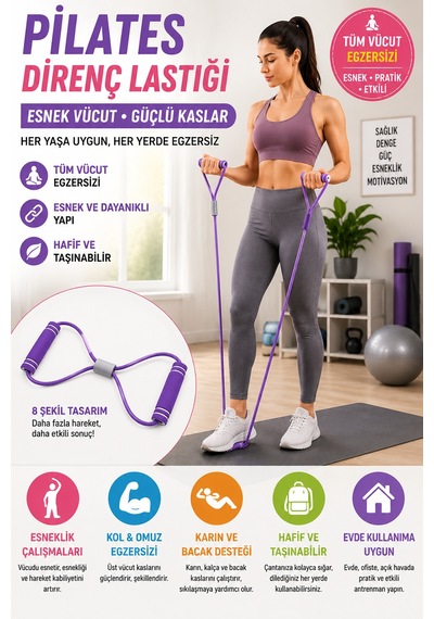 Pilates Direnç Lastiği 8 Şekilli Egzersiz Bandı Evde Spor Fitness Esneme Ve Duruş Destekli Diğer