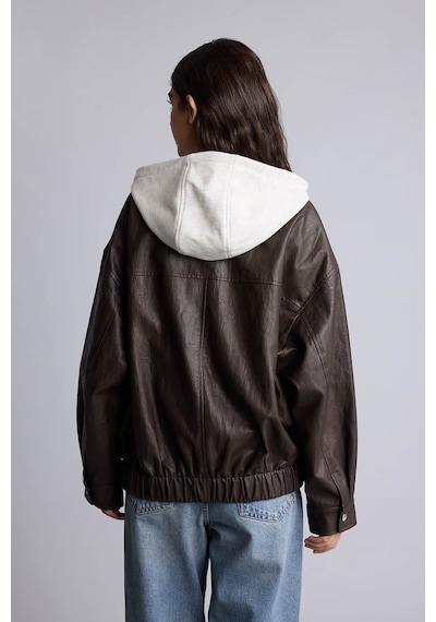 Defacto Relaxed Fit Kapüşonlu Kahverengi Kadın Deri Mont H3752ax/bn605