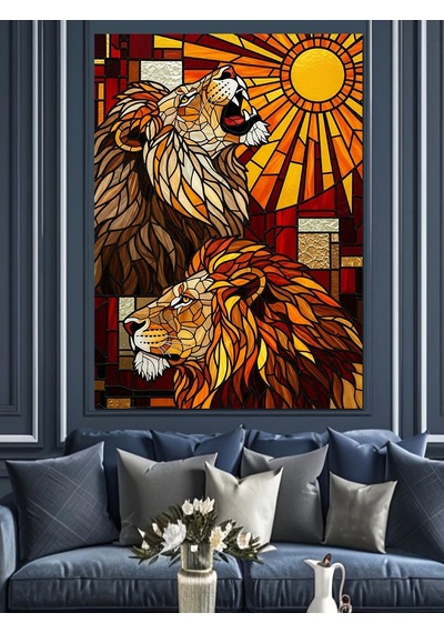 Ahşap Tablo Vitray Tarzı Aslan Portresi Dekoratif Tablolar