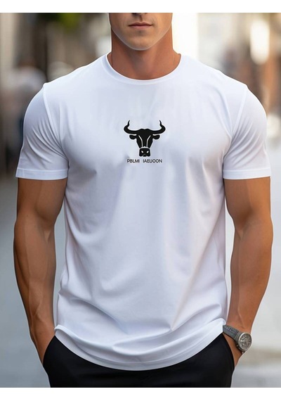 Noıssey Beyaz Bull Head Baskılı Erkek Bisiklet Yaka Kısa Kollu Rahat Oversize