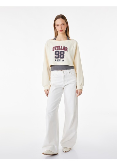 Koton Rahat Kalıp Uzun Kollu Boyundan Bağlama Detaylı Crop Baskılı Sweatshirt Ekru 6sal10378ık
