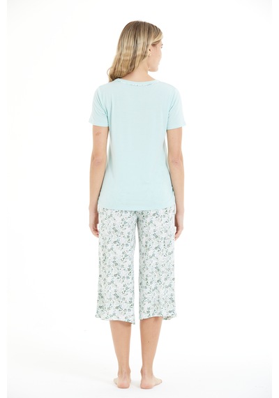 Lılac Kadın Çiçek Desenli %100 Viscon Capri Pijama Takımı Mint Yeşili
