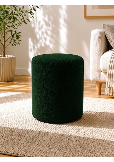 Yeşil Welsoft Kumaş Puf 40x45 Cm Yuvarlak Puf Dekoratif Oturma Pufu Yumuşak Dokulu Modern Puf