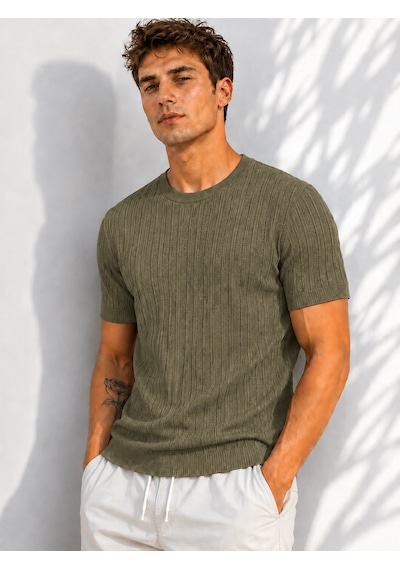 Ribana Erkek Bisiklet Yaka Kısa Kollu Esnek Örme Triko T-shirt 26091 Haki