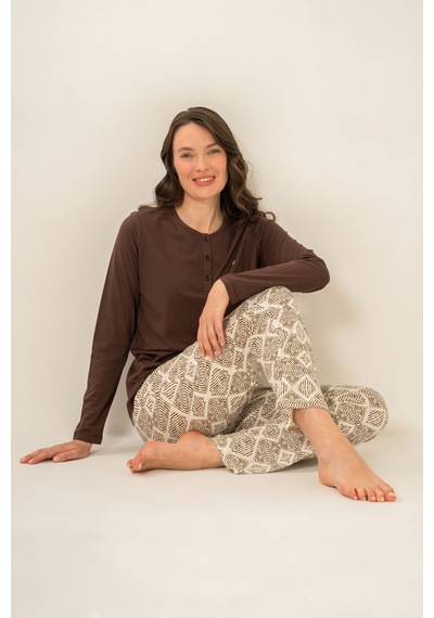 Pierre Cardin Kadın Kahverengi Uzun Kol Nakışlı Pijama Takım Pc9275-s-v1 Pc9275-s-v1