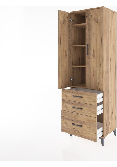Hyperion Dolap 4 Raflı 3 Çekmeceli 2 Kapaklı 60x44x195 Çam-çam Çam