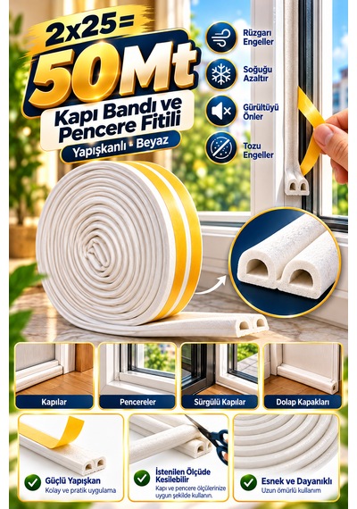 Kapı Bantı Ve Pencere Fitili Bandı Yapışkanlı Beyaz 2 x 25 M