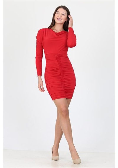 Neşeli Butik Kadın Kırmızı Uzun Kol Önü Büzgülü Mini Kalem Elbise Shnz26 Kırmızı