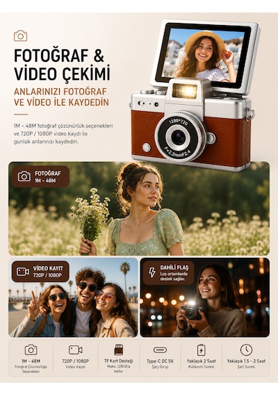 Mini Dijital Kamera Döner Ekranlı Fotoğraf Ve Video Çekim Kamerası Dahili Flaşlı Taşınabilir