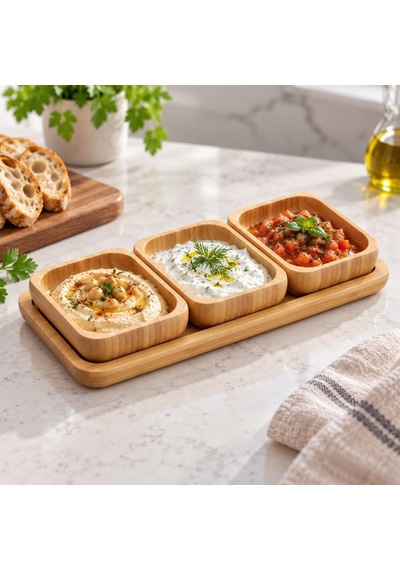 Bambu 3'lü Kahvaltılık Ve Sosluk Sunum Seti, Tepsili Doğal Ahşap Servis Takımı, 3 Kase Ve 1 Sunum Tepsisi Çok Renkli