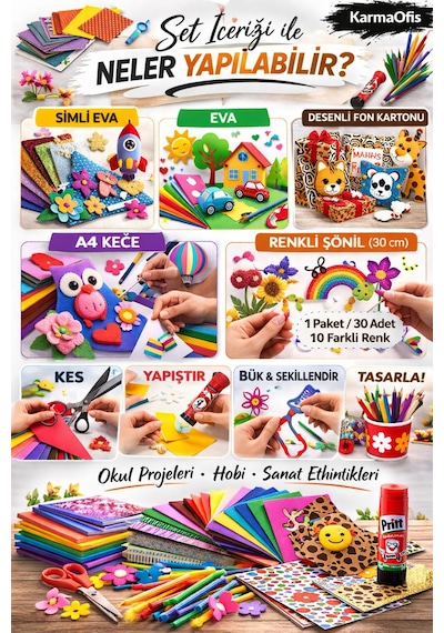 Mega Okul & Hobi Seti 71 Parça Eva, Keçe, Fon Kartonu, Şönil, Elişi Kağıdı + Yapıştırıcı