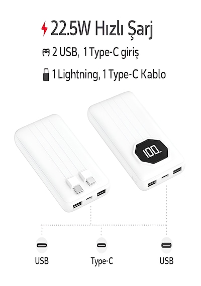 5in1 10.000mah 22,5w Hızlı Şarj Powerbank - 2 Usb, Lightning & Type-c Kablı Taşınabilir Şarj Cihazı Beyaz