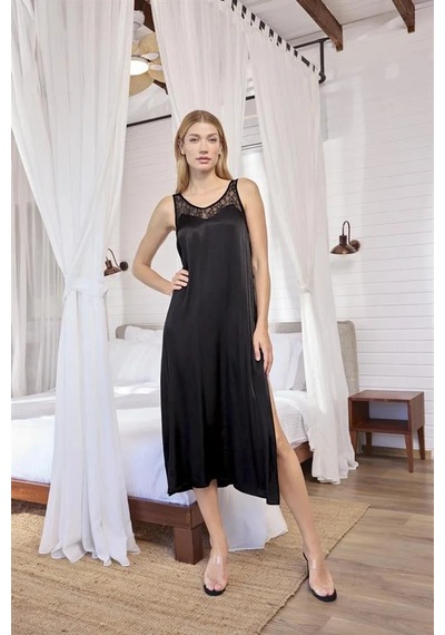 Ang Butik Kadın %100 Viskon Dantelli Ve Dekolteli Saten Sabahlık Takımı Siyah