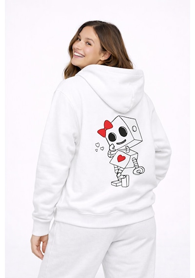 Robot Baskılı Sevgili Kombini Oversize Hoodie Seti Kadın Erkek Un Beyaz