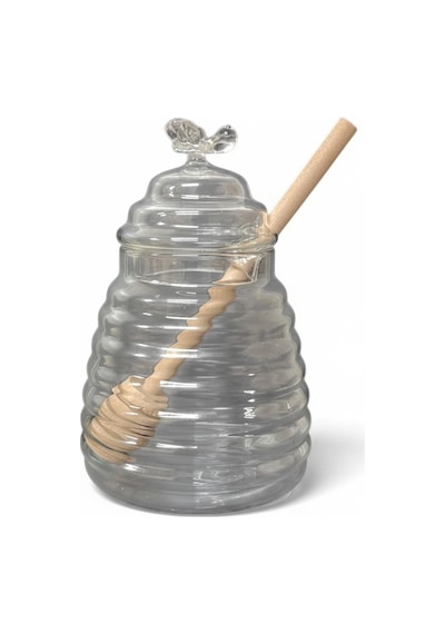 Borosilikat Cam Bal Kavanozu, Ahşap Kaşık 300ml Şeffaf