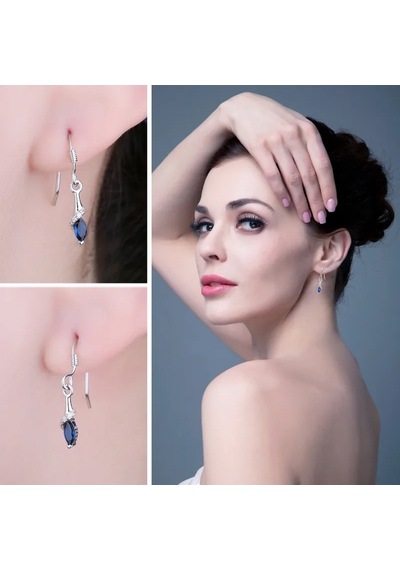 Brezza Lusso Jewelry Safir Taşlı Gözyaşı Damlası Çengel Sallantılı Kadın Gümüş Küpe