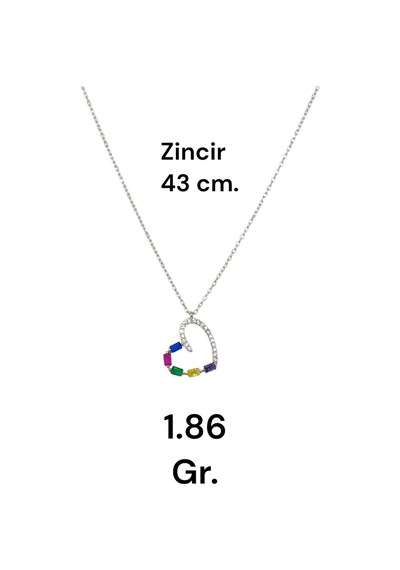 Renkli Baget Taşlı Kalp Figürlü 925 Ayar Gümüş Kolye Modern Tasarım Gümüş