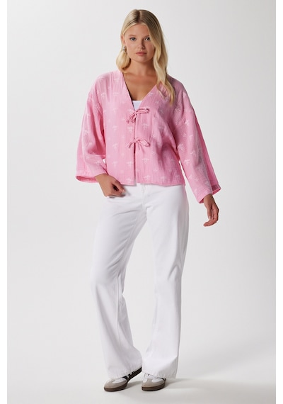 Ritnice Kadin Flora Müslin Kabartma Dokulu Pembe Kimono Pembe