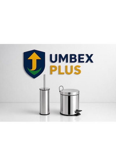 Umbex Plus- 12 Litre Paslanmaz Krom 2 Li Banyo Seti Pedallı Çöp Kovası Wc Klozet Tuvalet Fırca Seti Banyo