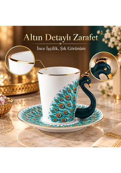 Valkyrie Peacock Serisi 6 Kişilik 12 Parça Tavus Kuşuporselen Türk Kahvesi Fincan Takımı 90ml Yeşil