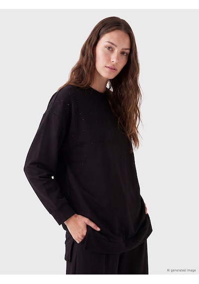 Lcw Modest Siyah Taşlı Soft Touch Kadın Sweatshirt Tunik