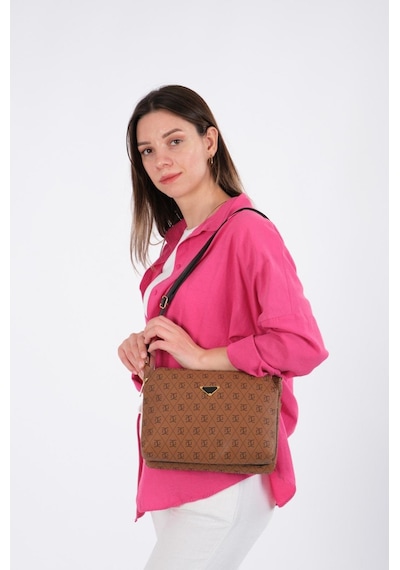 Newish Polo Taba Vegan Deri Üç Bölmeli Kadın Çapraz Omuz Çantası - Kadın Taba