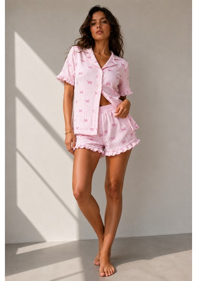 Kadın Süprem Gömlek Şort Düğme Pembe Pijama Takımı