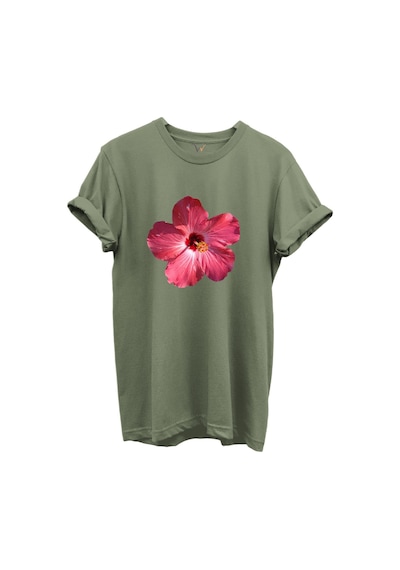 Pembe Tropik Hibiskus Çiçekli Kadın %100 Pamuk Regular Fit Bisiklet Yaka T-shirt Haki
