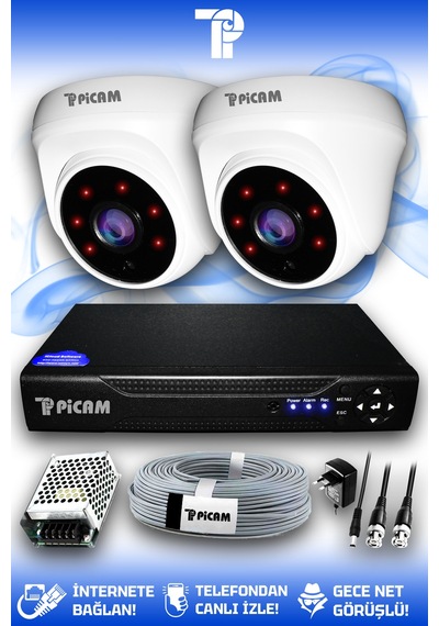 Picam 2 Kameralı Dome 2 İç Kamera Set HDD'siz Full HD Gece Görüşlü Güvenlik Kamerası Sistemi