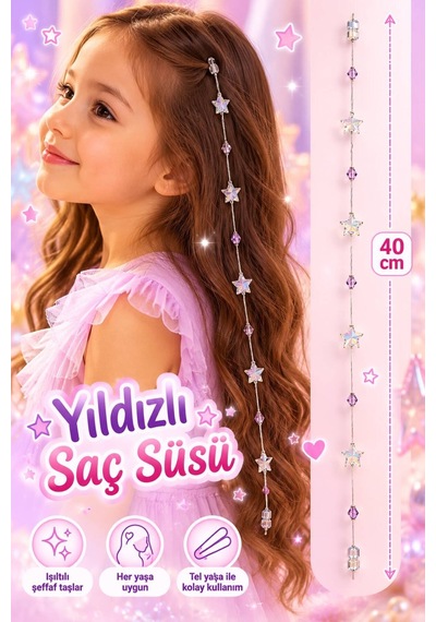 Işıltılı Yıldız Boncuklu Lila Kristalli Çocuk Saç Süsü - 40 Cm. Tel Toka İle Pratik Kullanım Diğer