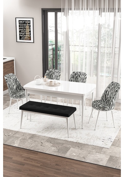 Canisa Concept Zen Serisi 80x132 Mdf Açılabilir Beyaz Masa Takımı 4 Zebra Sandalye Ve 1 Siyah Bench Masa Beyaz Sandalye Zebra Desen Ve Bench Siyah Canisa Concept Zen Serisi 80x132 Mdf Açılabilir Beyaz Masa Takımı 4 Zebra Sandalye Ve 1 Siyah Bench Masa Beyaz Sandalye Zebra Desen Ve Bench Siyah