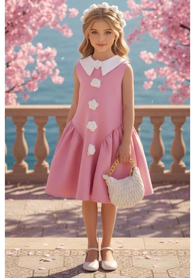 Riccotarz Kız Çocuk Bebe Yakalı Boydan Gül İşlemeli Eteği Asimetrik Kesim Kolsuz Pembe Elbise Riccotarz Kız Çocuk Bebe Yakalı Boydan Gül İşlemeli Eteği Asimetrik Kesim Kolsuz Pembe Elbise