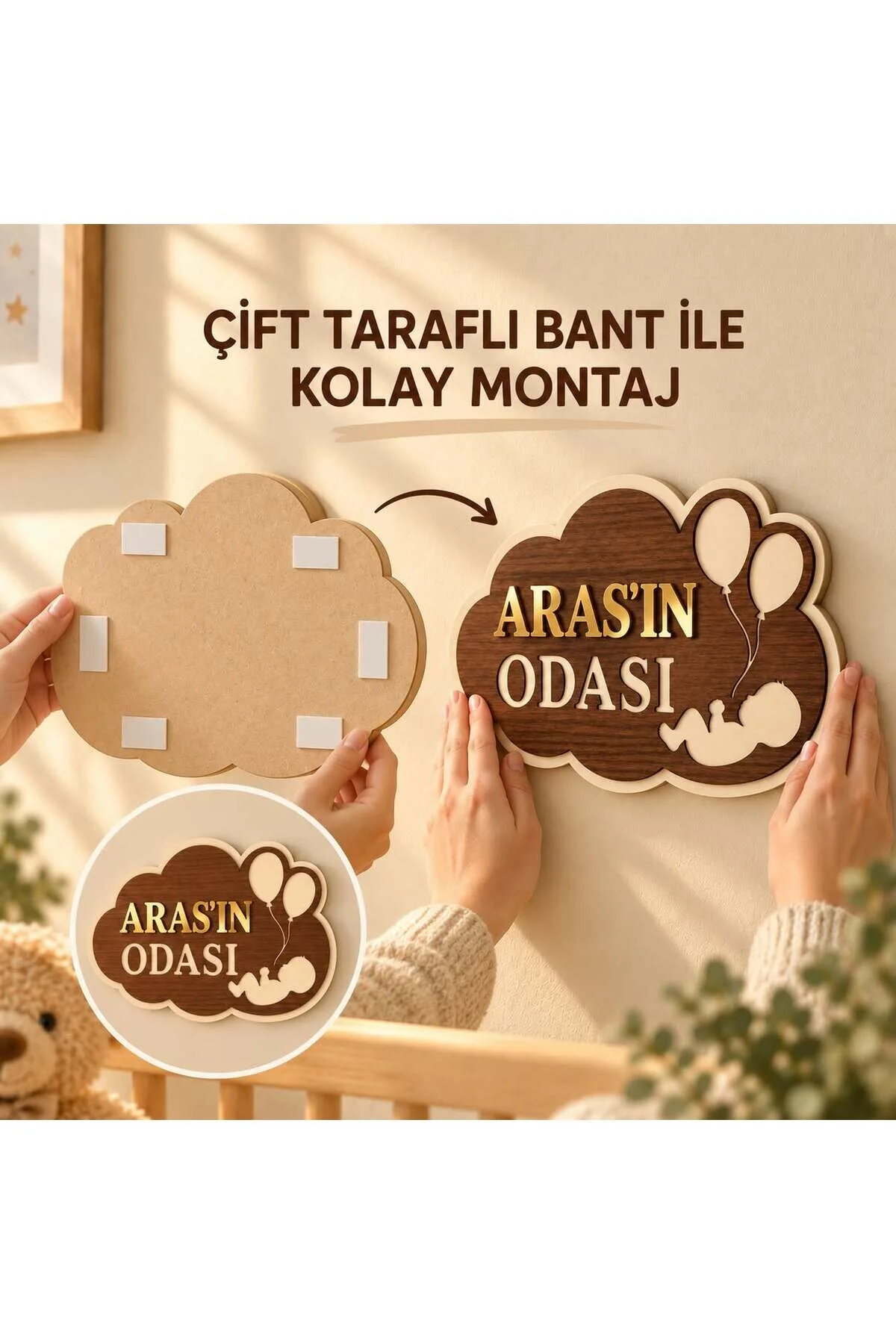 Kişiye Özel Bebek Odası Duvar Süsü, Gold Pleksi İsimli Mdf Kapı Dekoru Krem - Kahverengi