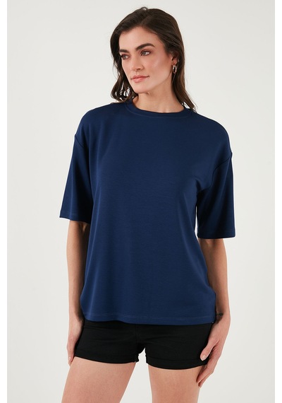 Lela Streç Oversize Fit Bisiklet Yaka Bayan T Shirt 5865911 Lacivert